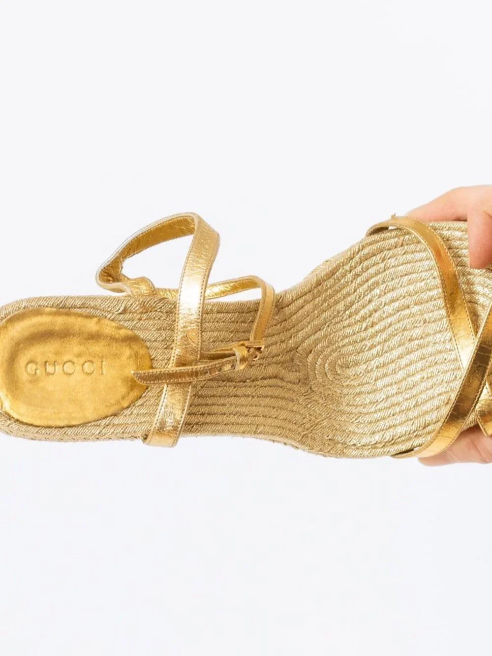 Gucci Gold Raffia Espadrille Wedges - Size 7.5-8